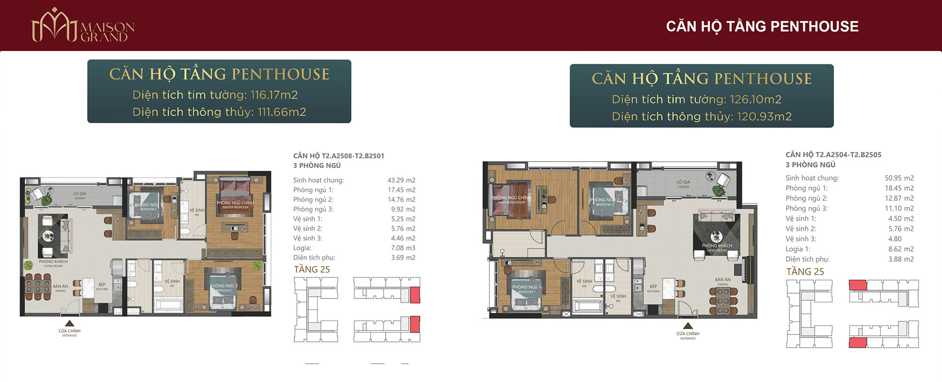 Layout Căn hộ Maison Grand Phú Mỹ 3 phòng ngủ + 2WC tầng 25