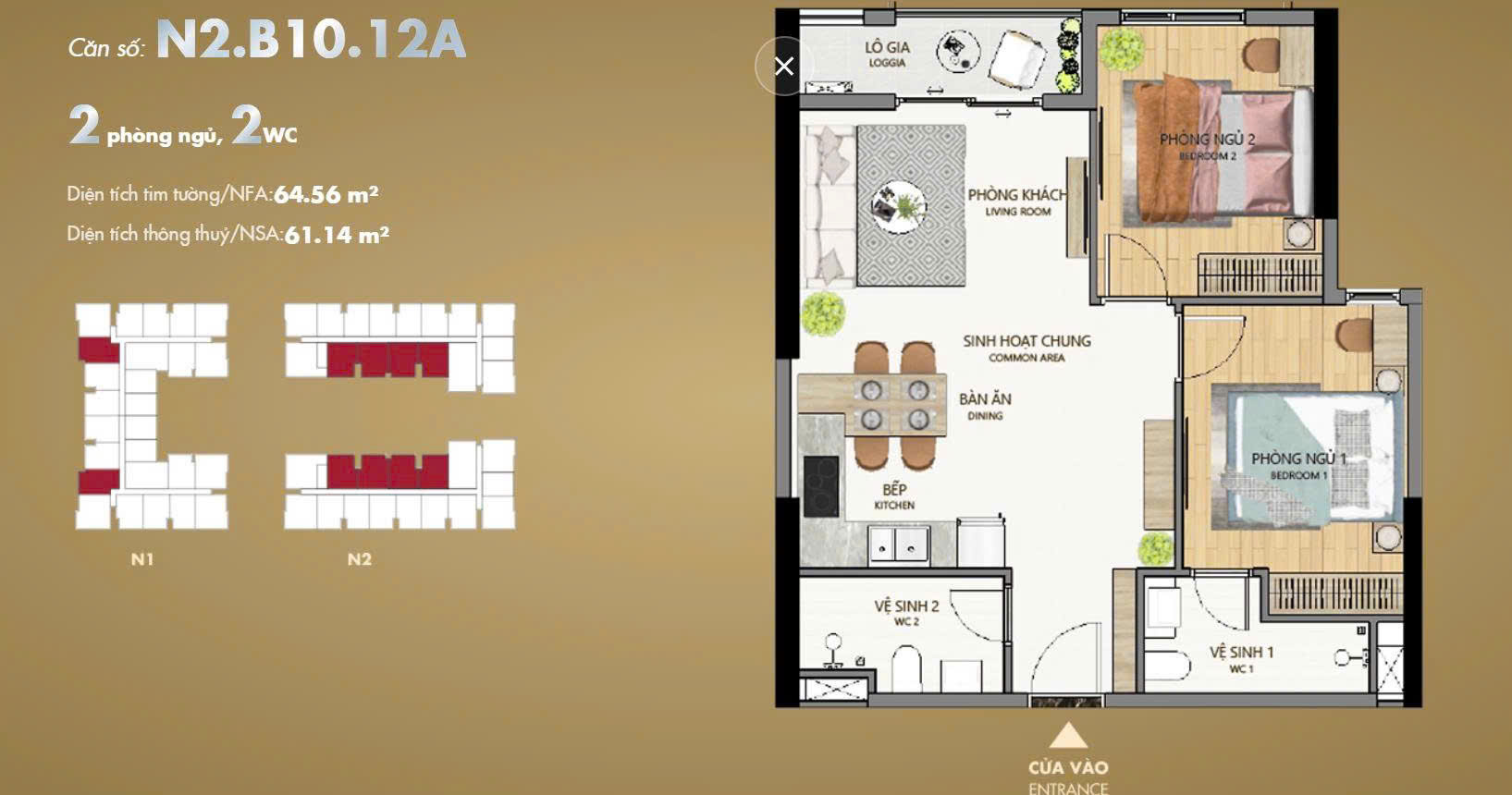 Căn hộ Maison Grand 2PN-2WC-65m2